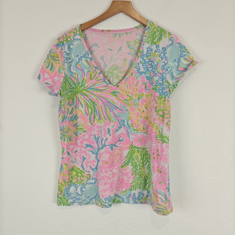Lilly Pulitzer Michelle Short Sleeve V-neck Corral Printed Shirt Size LG Women's